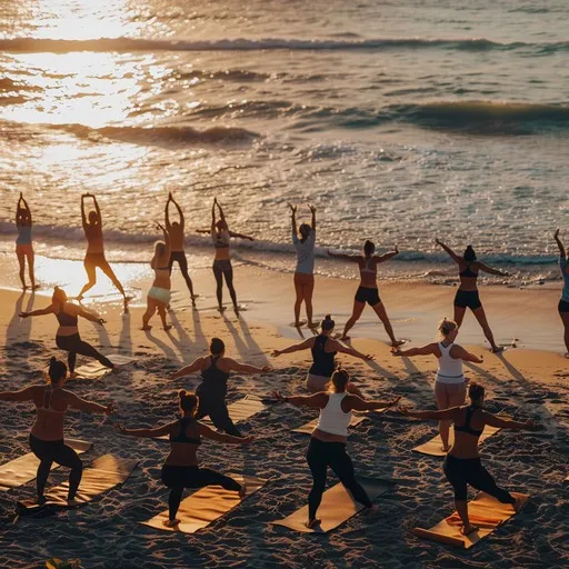 Team building on the beach at sunset
